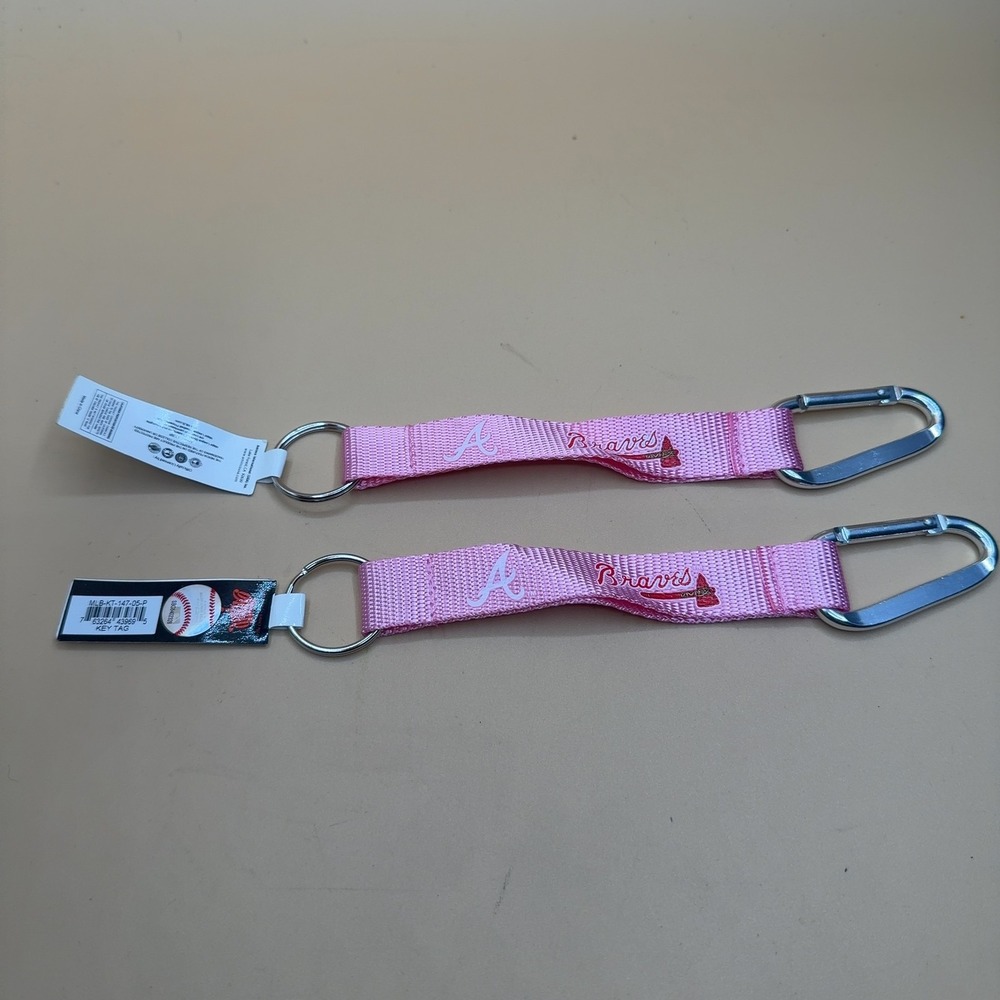 Atlanta Braves MLB Key Tag Carabiner Wrist Strap Keychain Pink Nylon 2-Pack New
